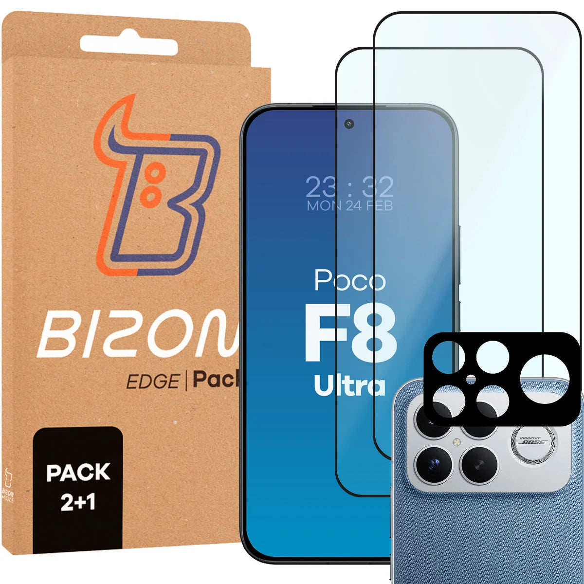 Gehärtetes Glas - 2 Stück + Kameraschutz für Xiaomi POCO F8 Ultra, Bizon Glass Edge Pack, Schwarz