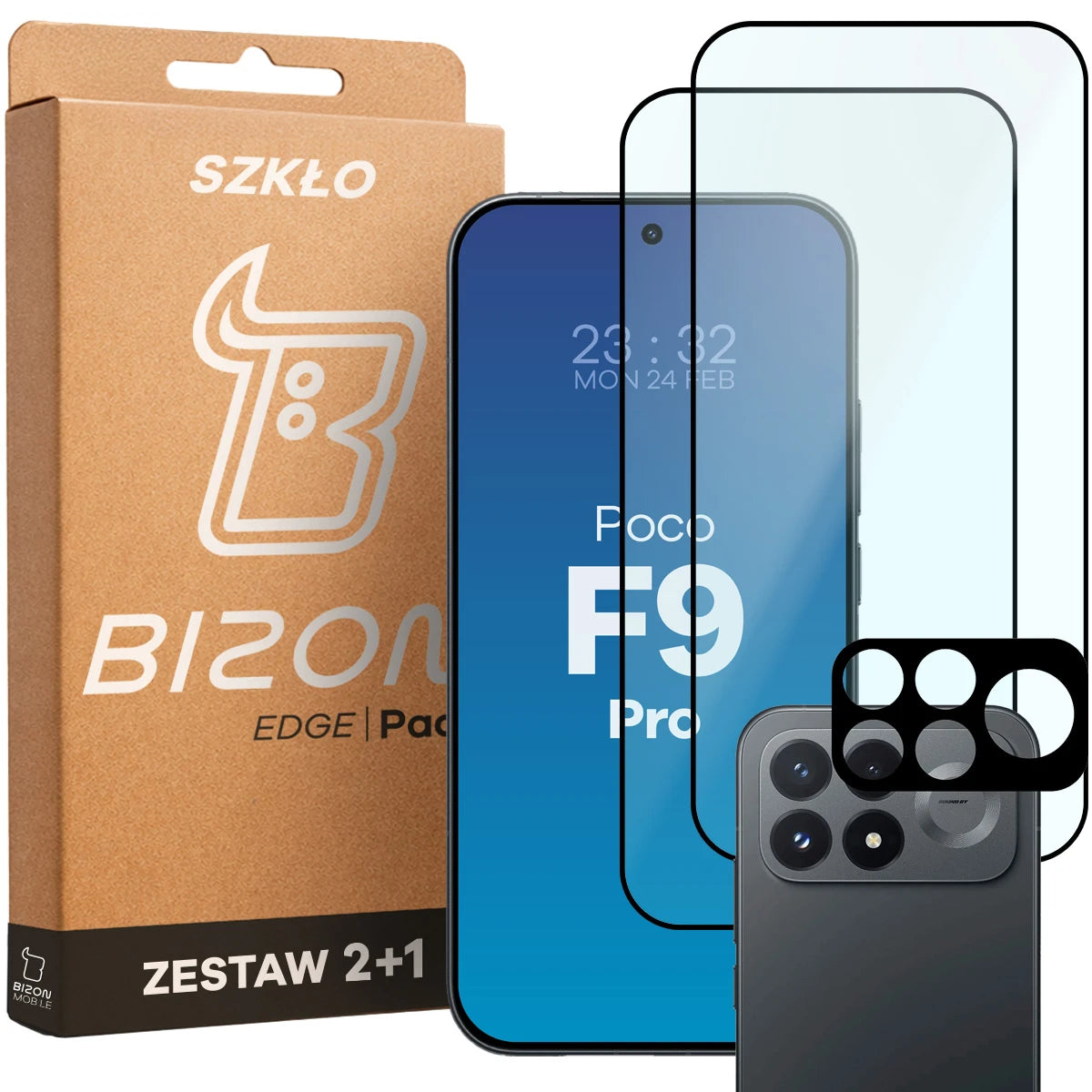 Gehärtetes Glas - 2 Stück + Kameraschutz für Xiaomi POCO F9 Pro, Bizon Glass Edge Pack, (1/6)