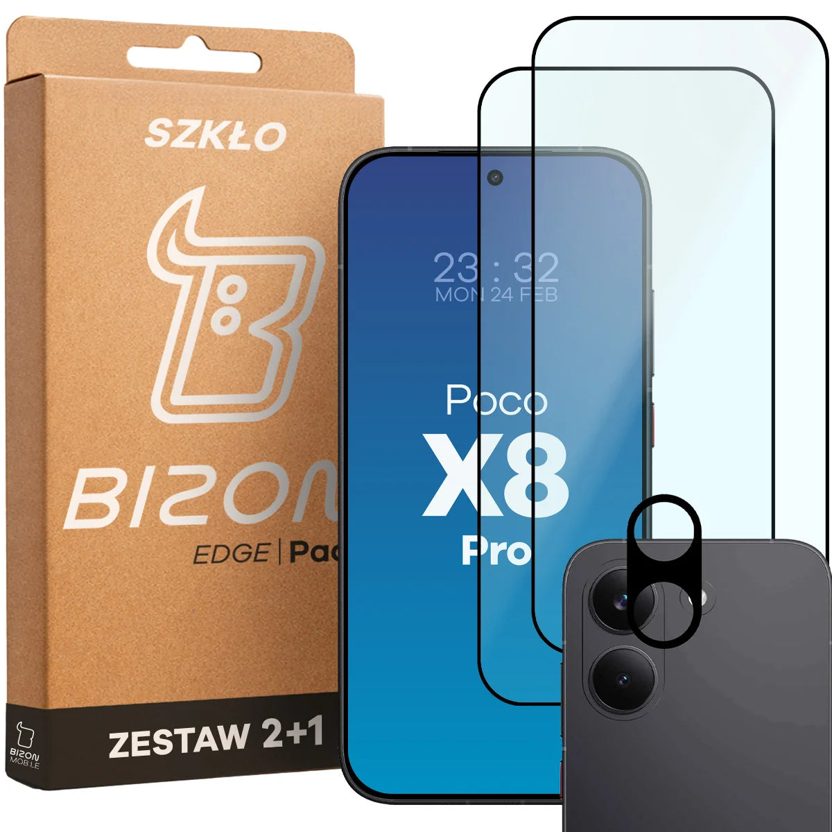 Gehärtetes Glas - 2 Stück + Kameraschutz für Xiaomi POCO X8 Pro, Bizon Glass Edge Pack, Schwarz