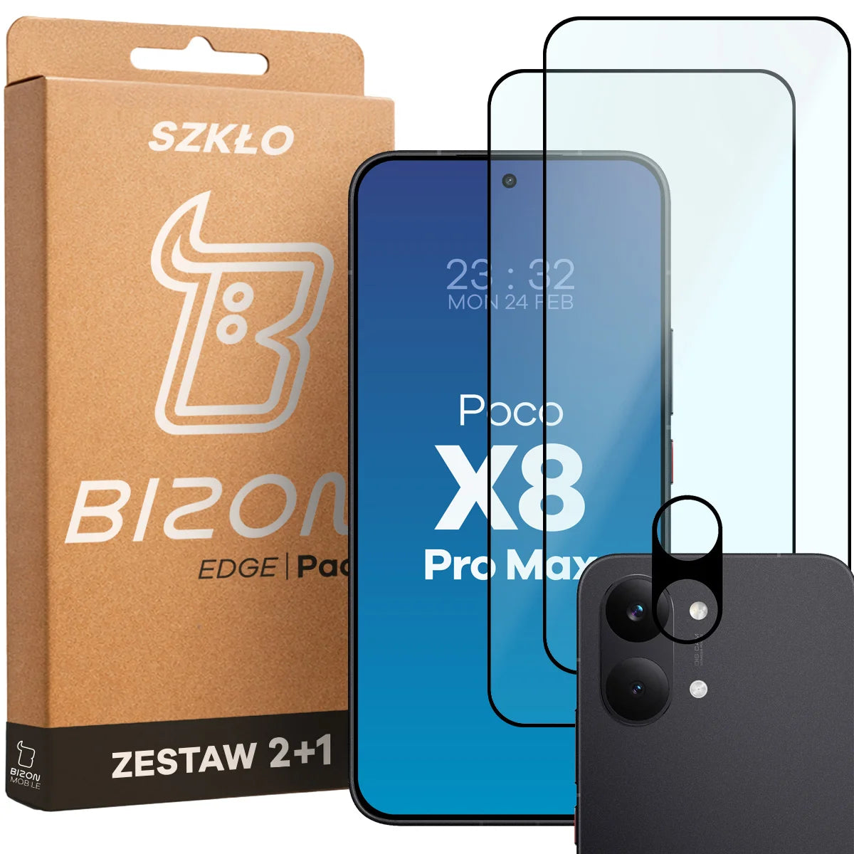 Gehärtetes Glas - 2 Stück + Kameraschutz für Xiaomi POCO X8 Pro Max, Bizon Glass Edge Pack, Schwarz