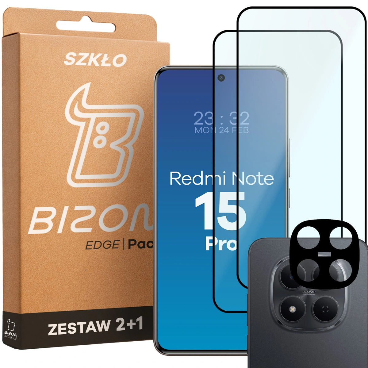 Gehärtetes Glas - 2 Stück + Kameraschutz für Xiaomi Redmi Note 15 Pro 5G, Bizon Glass Edge Pack, Schwarz