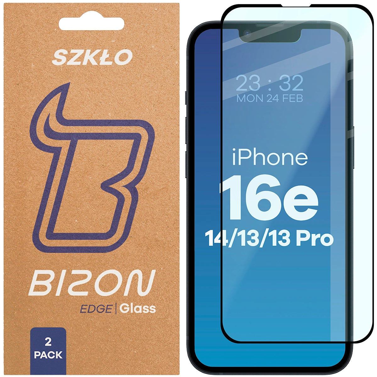 Gehärtetes Glas für iPhone 17e / 16e / 14 / 13 Pro / 13, Bizon Glass Edge Duo, Schwarzer Rahmen, 2 Stück