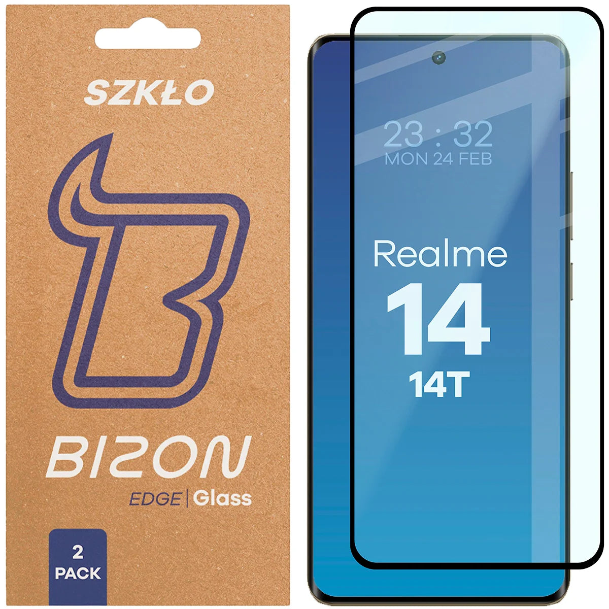 Gehärtetes Glas für Realme 14 5G / 14T 5G, Bizon Glass Edge Duo, Schwarzer Rahmen, 2 Stück