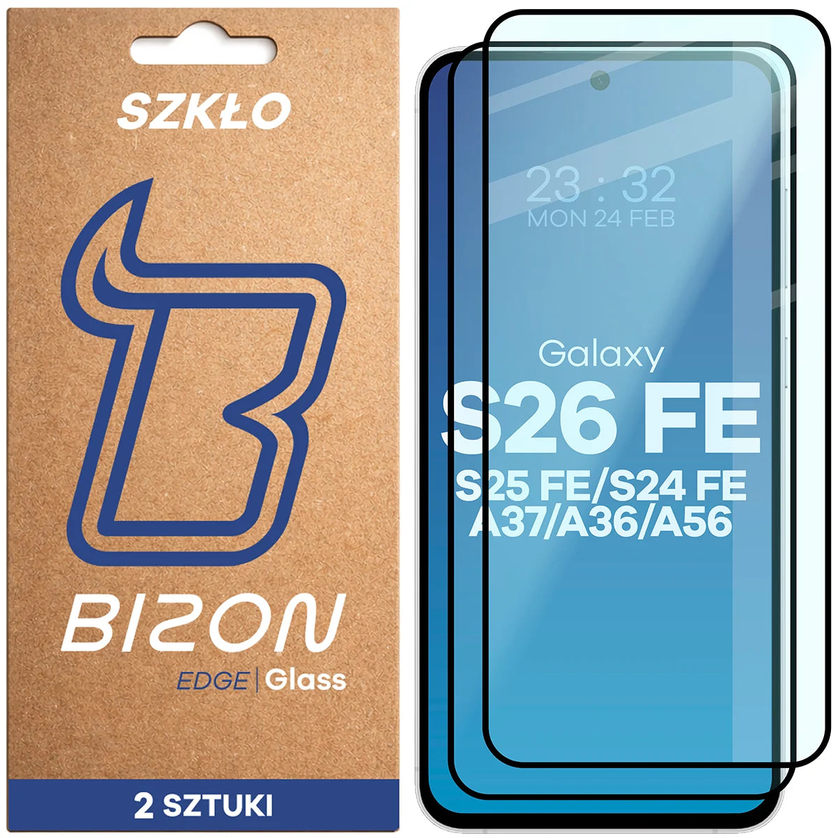 Gehärtetes Glas für Galaxy S26 FE / S25 FE / S24 FE / A37 5G / A36 5G / A56 5G, Bizon Glass Edge Duo, Schwarzer Rahmen, 2 Stück