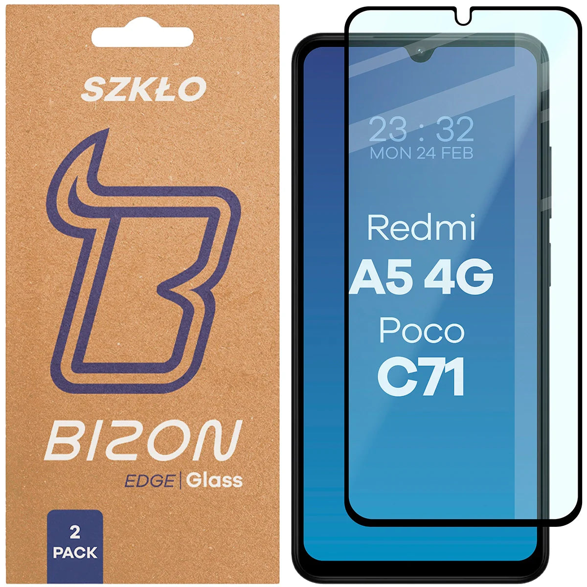 Gehärtetes Glas für Xiaomi Redmi A5 4G / POCO C71 4G, Bizon Glass Edge Duo, Schwarzer Rahmen, 2 Stück