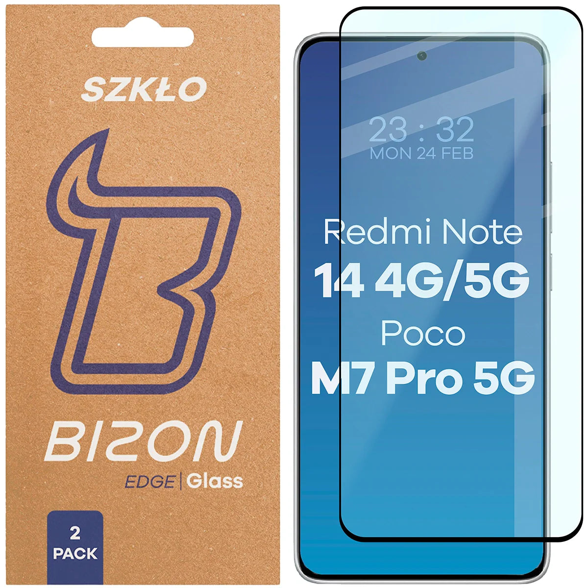 Gehärtetes Glas für Xiaomi Redmi Note 14 4G / 5G / POCO M7 Pro 5G, Bizon Glass Edge Duo, Schwarzer Rahmen, 2 Stück