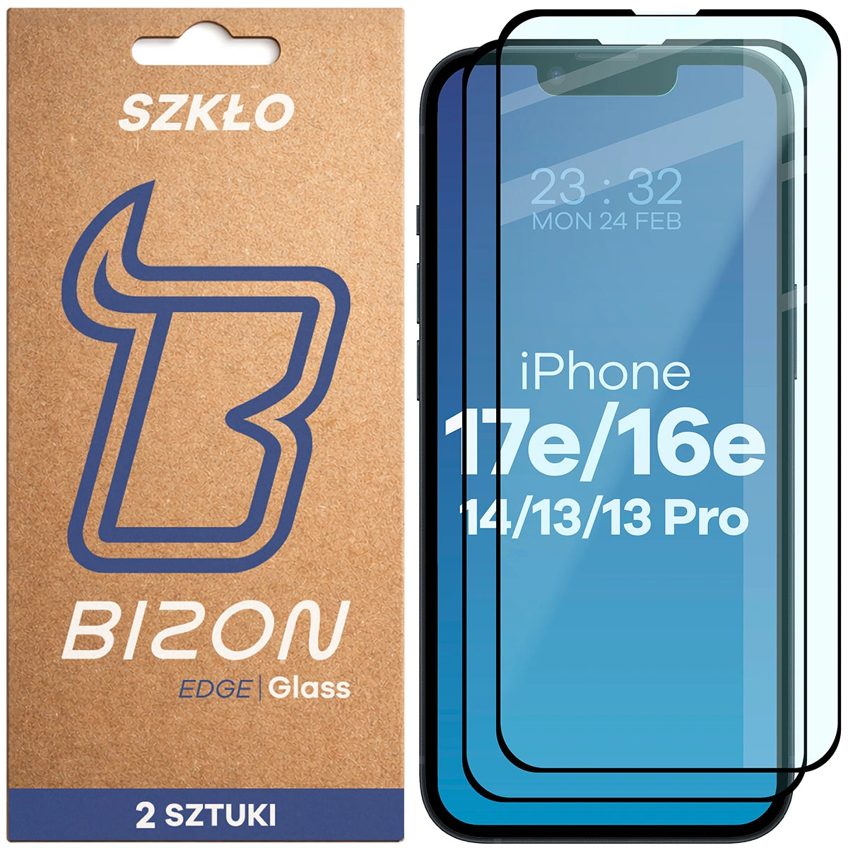 Gehärtetes Glas für iPhone 17e / 16e / 14 / 13 Pro / 13, Bizon Glass Edge Duo, Schwarzer Rahmen, 2 Stück