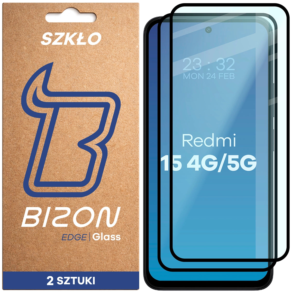 Gehärtetes Glas für Xiaomi Redmi 15 4G / 5G, Bizon Glass Edge Duo, Schwarzer Rahmen, 2 Stück