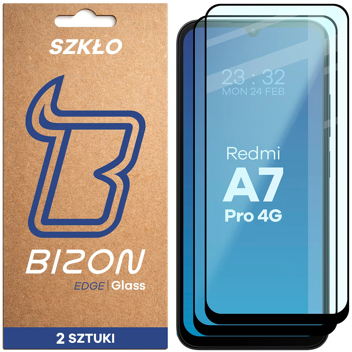 Gehärtetes Glas für Xiaomi Redmi A7 Pro 4G, Bizon Glass Edge Duo, Schwarzer Rahmen, 2 Stück