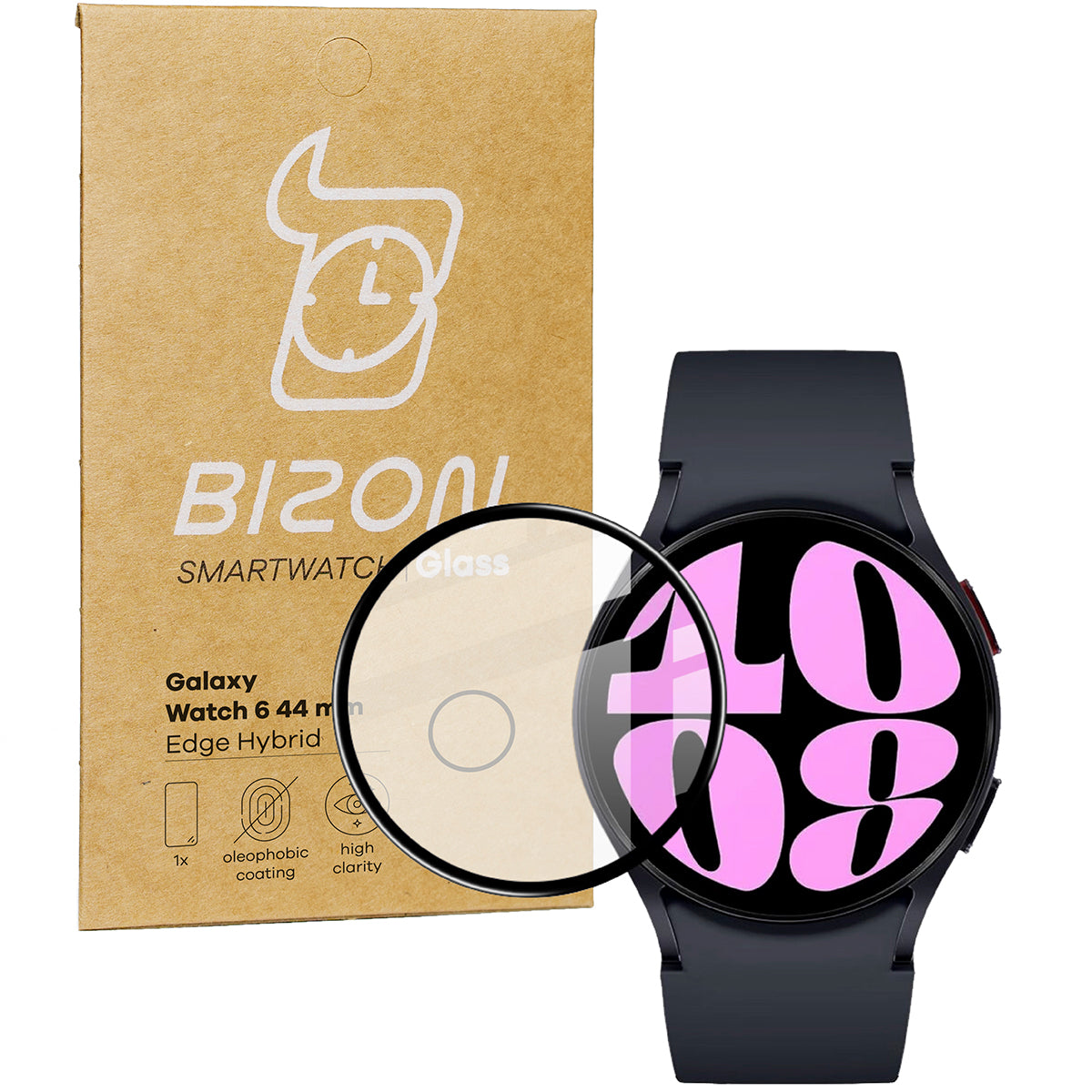 Hybrides Glas Bizon Glass Watch Edge Hybrid für Galaxy Watch 6 44 mm, Schwarz
