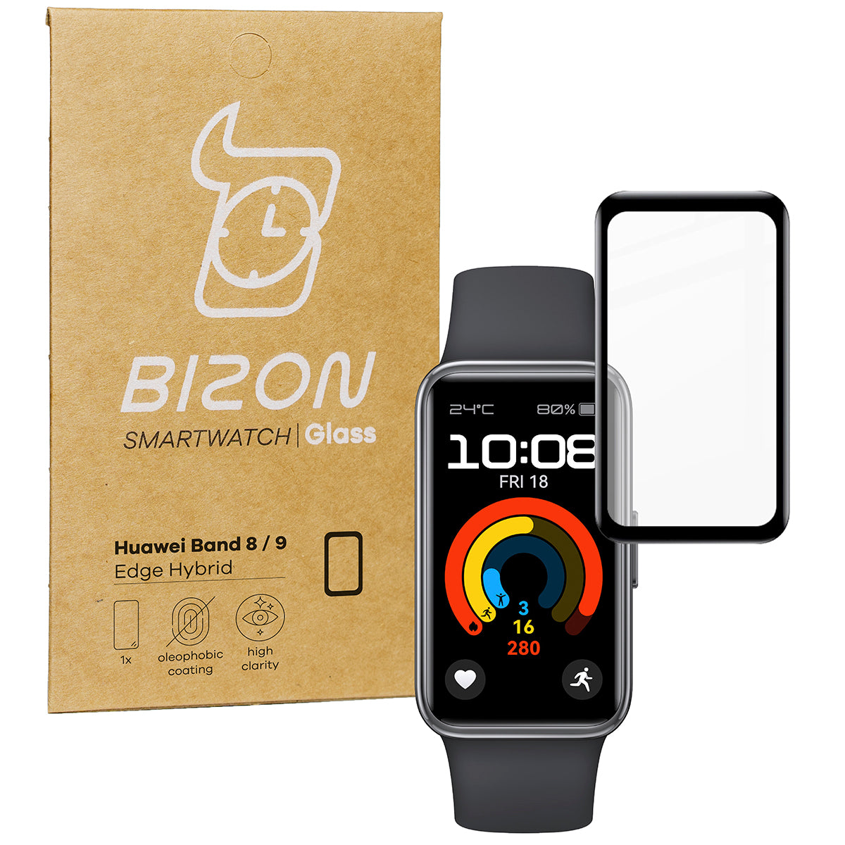 Hybrides Glas für Huawei Band 9 / 8, Bizon Glass Watch Edge Hybrid, Schwarz