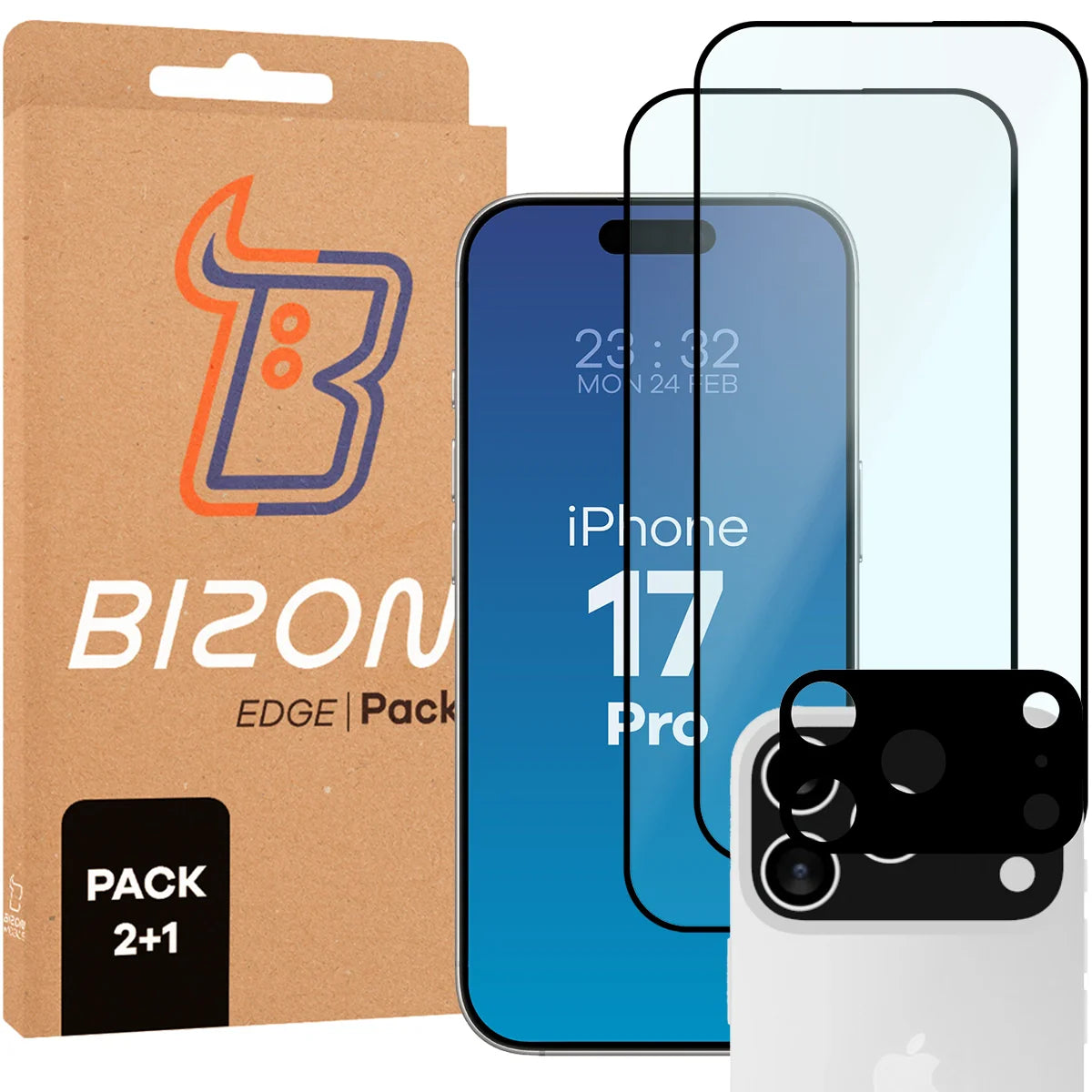 Gehärtetes Glas - 2 Stück + Kameraschutz für iPhone 17 Pro, Bizon Glass Edge Pack, Schwarz