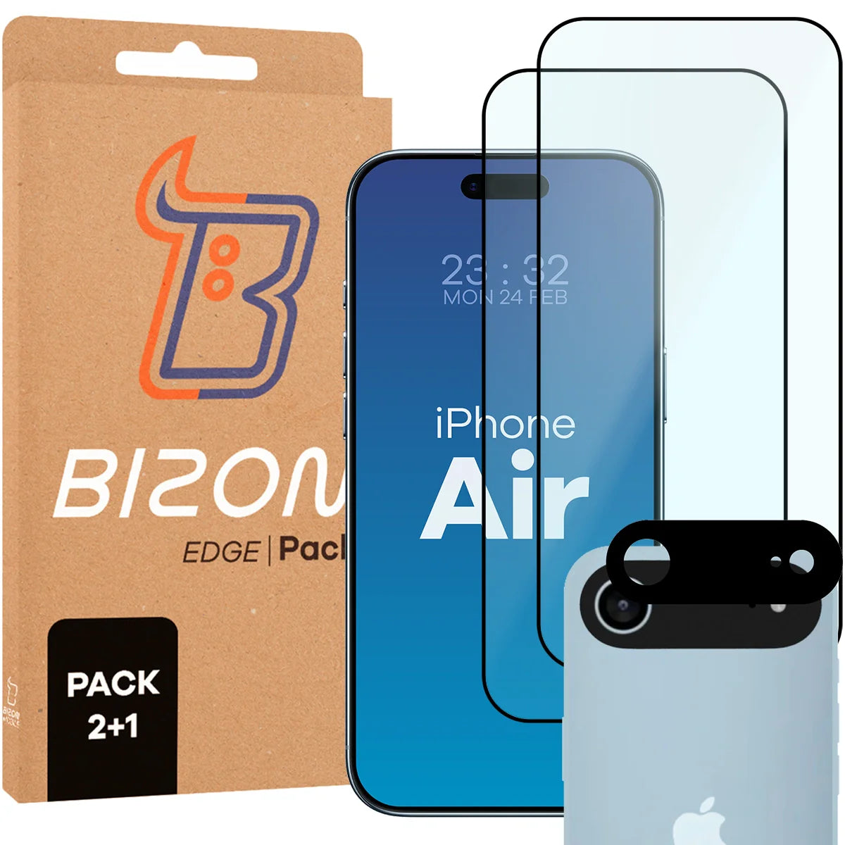 Gehärtetes Glas - 2 Stück + Kameraschutz für iPhone Air, Bizon Glass Edge Pack, Schwarz