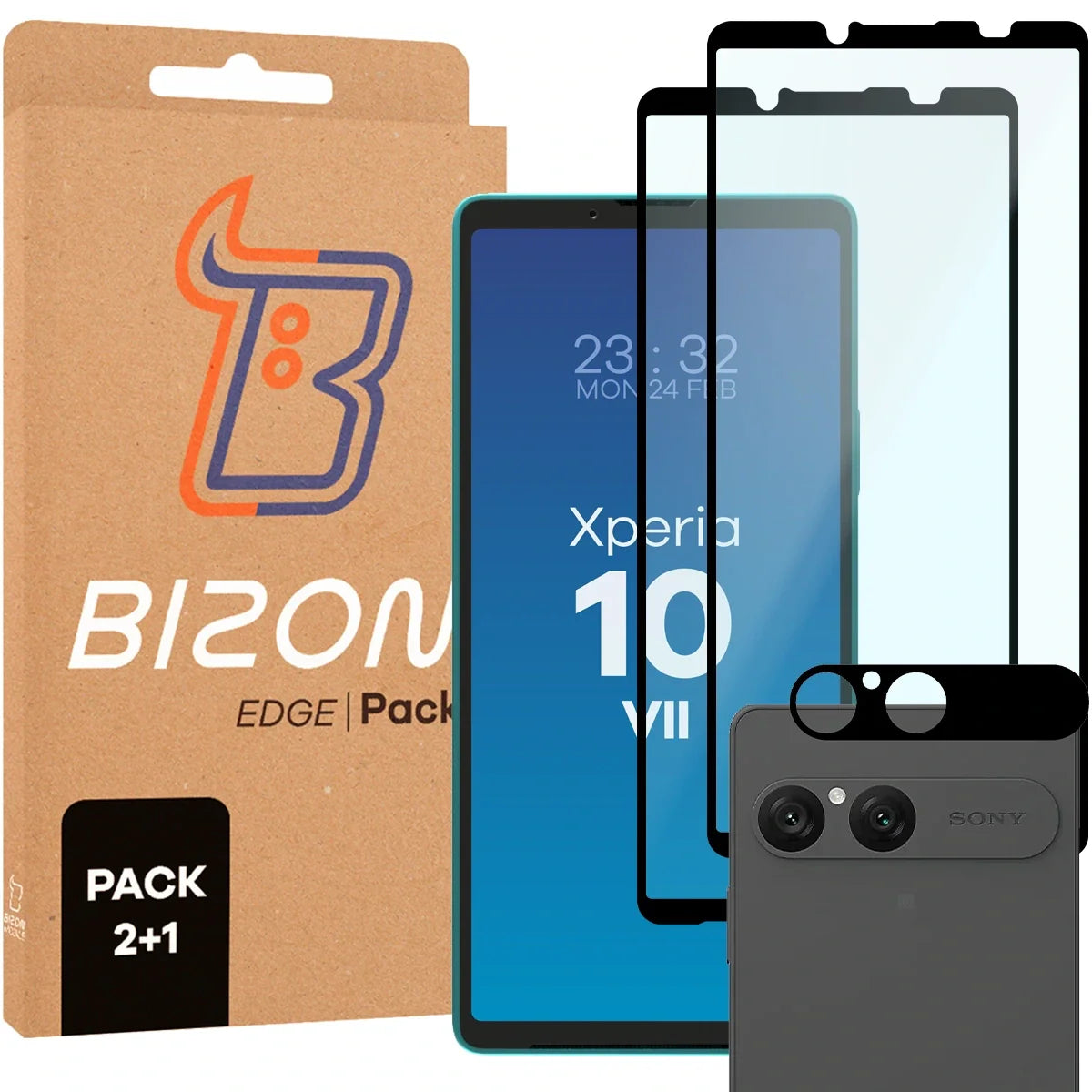 Gehärtetes Glas - 2 Stück + Kameraschutz für Sony Xperia 10 VII, Bizon Glass Edge Pack, Schwarz