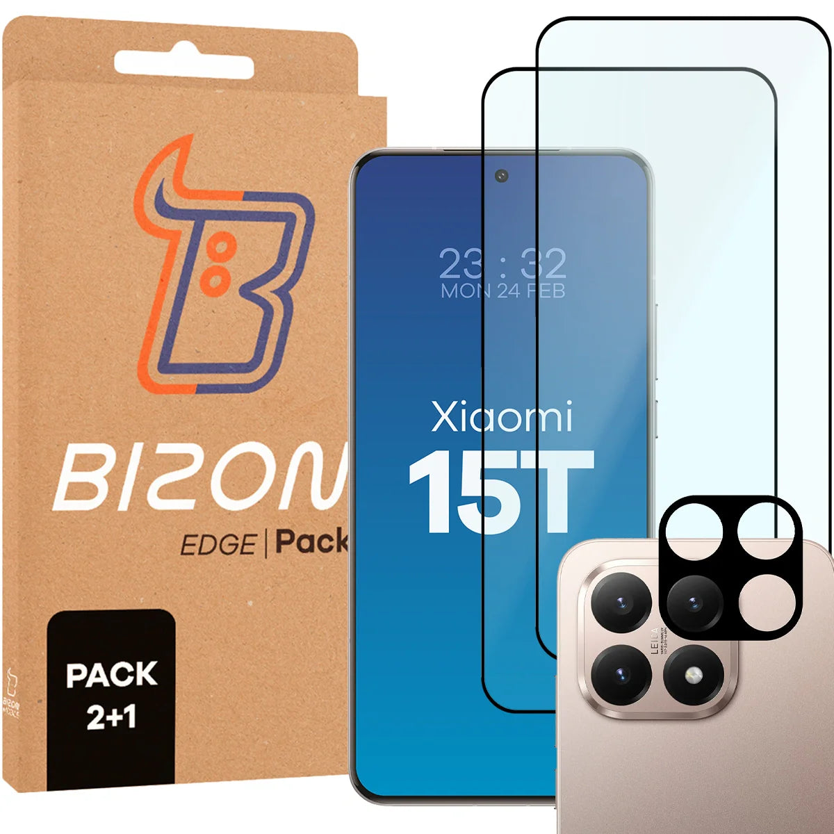 Gehärtetes Glas - 2 Stück + Kameraschutz für Xiaomi 15T, Bizon Glass Edge Pack, Schwarz