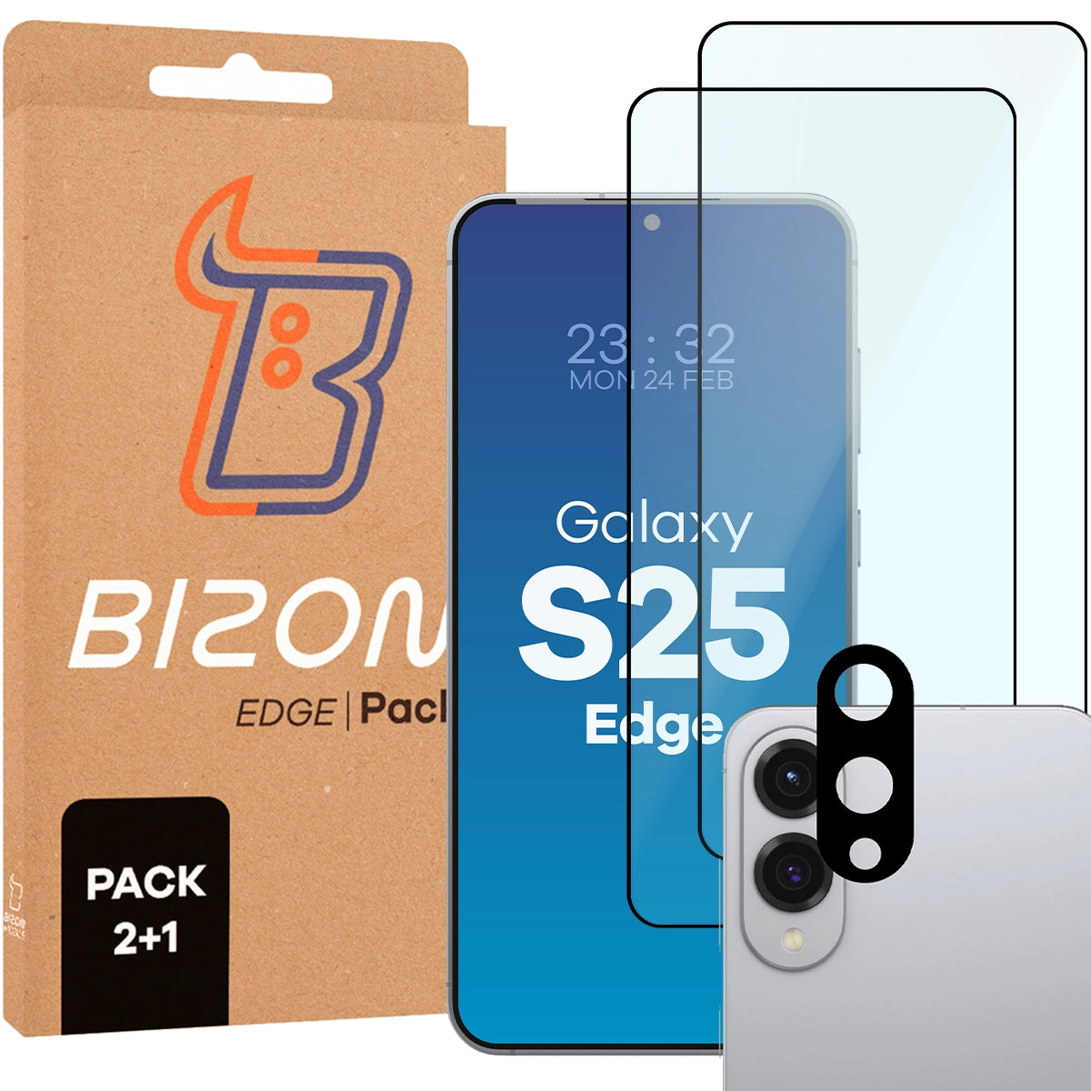 Gehärtetes Glas Bizon Glass Edge Pack - 2 Stück + Kameraschutz für Samsung Galaxy S25 Edge, Schwarz