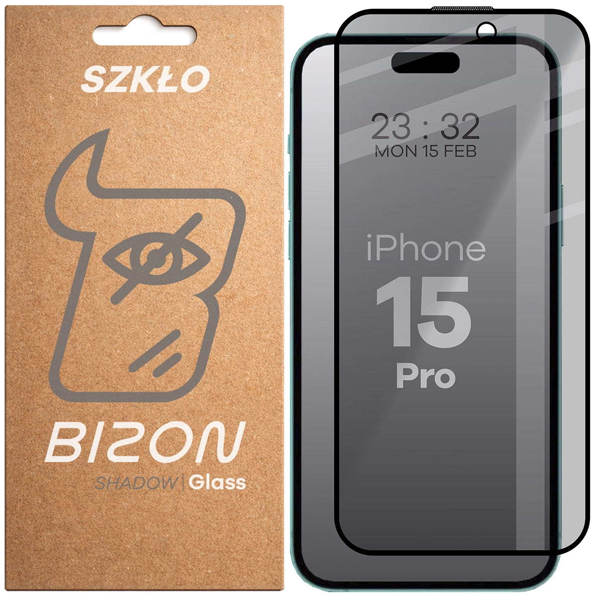 Gehärtetes Glas mit Privatschutzfilter für iPhone 15 Pro, Bizon Glass Edge Shadow, getönt mit schwarzer Rahmen