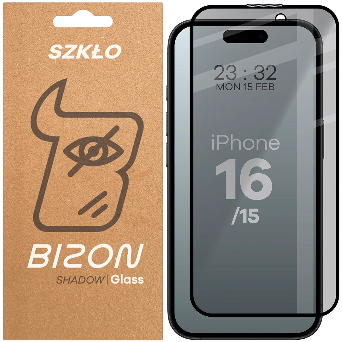 Gehärtetes Glas mit Privatschutzfilter für iPhone 16/15, Bizon Glass Edge Shadow, getönt mit schwarzer Rahmen