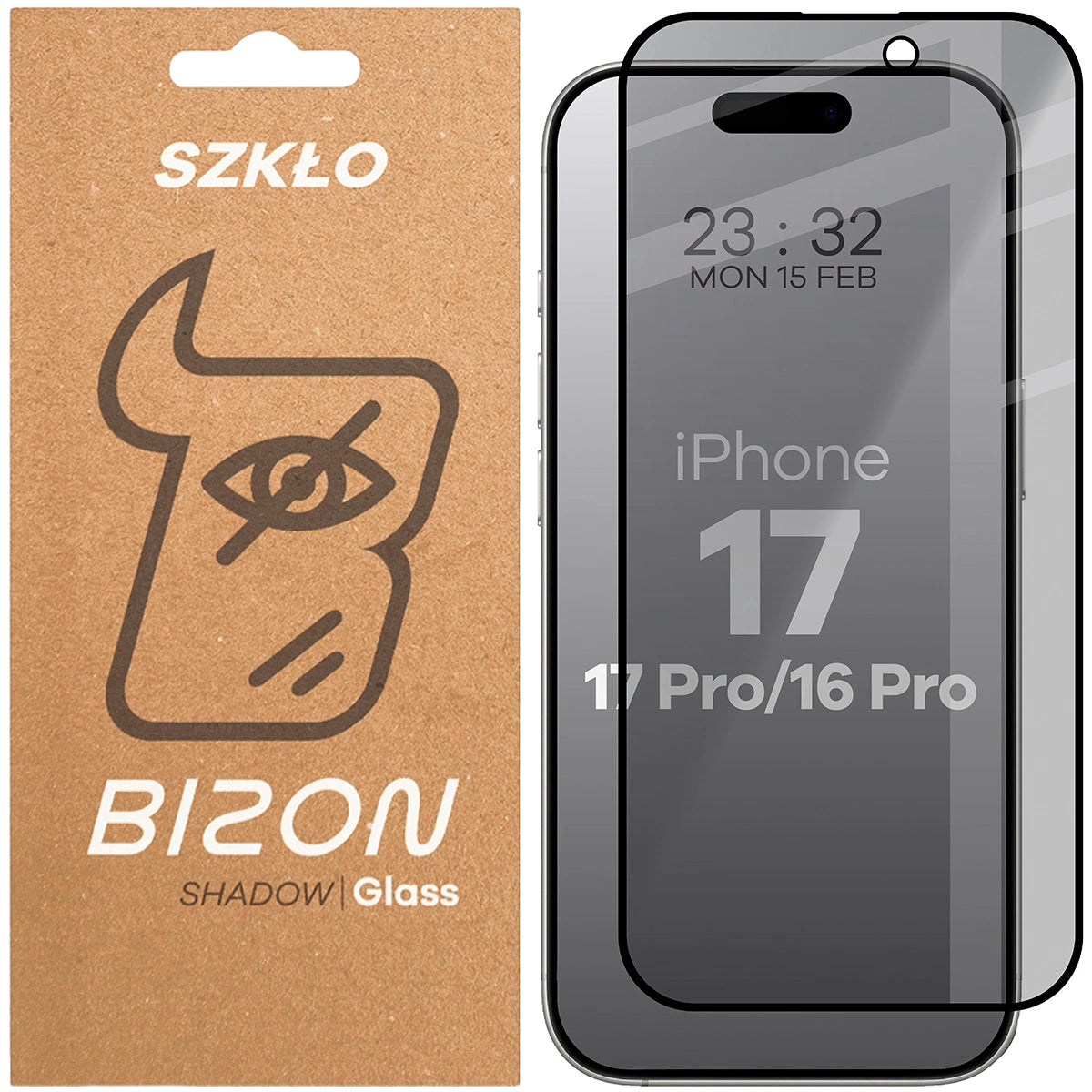 Gehärtetes Glas mit Privatschutzfilter für iPhone 16 Pro / 17 / 17 Pro, Bizon Glass Edge Shadow, getönt mit schwarzer Rahmen
