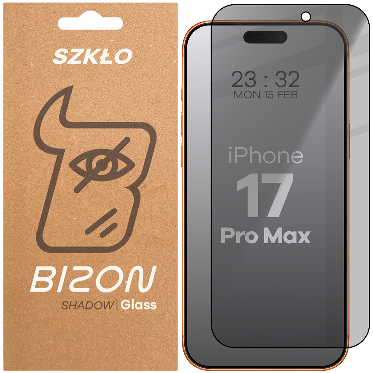 Gehärtetes Glas mit Privatschutzfilter für iPhone 17 Pro Max, Bizon Glass Edge Shadow, getönt mit schwarzer Rahmen