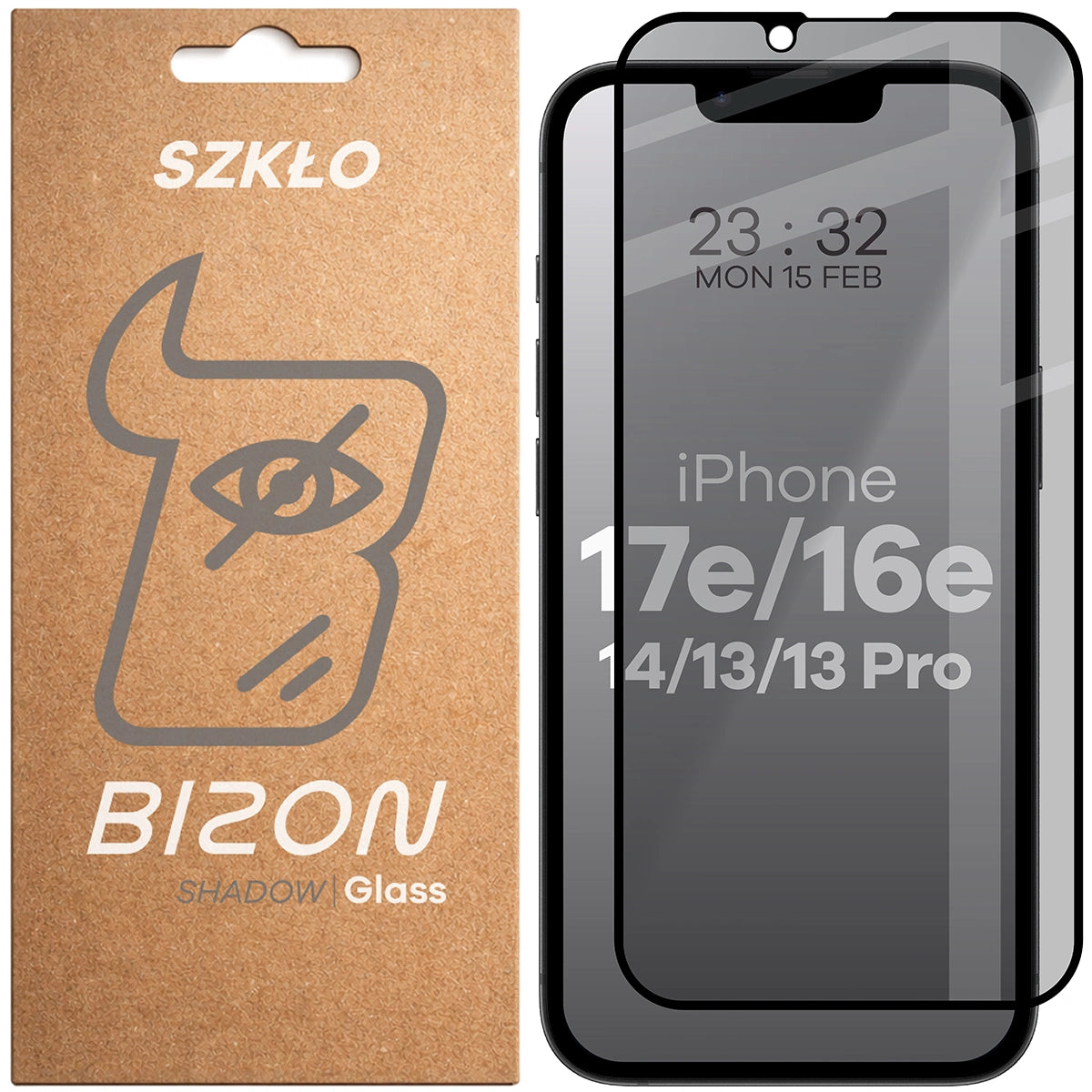 Gehärtetes Glas mit Privatschutzfilter für iPhone 17e / 16e / 14 / 13 Pro / 13, Bizon Glass Edge Shadow, getönt mit schwarzer Rahmen