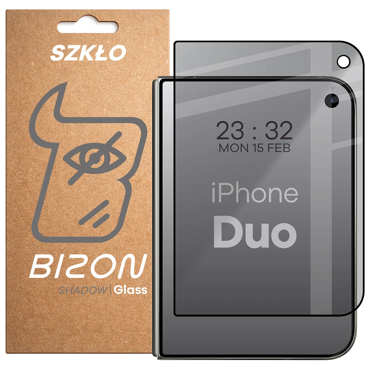Gehärtetes Glas mit Privatschutzfilter für iPhone Duo, Bizon Glass Edge Shadow, getönt mit schwarzer Rahmen (1/4)
