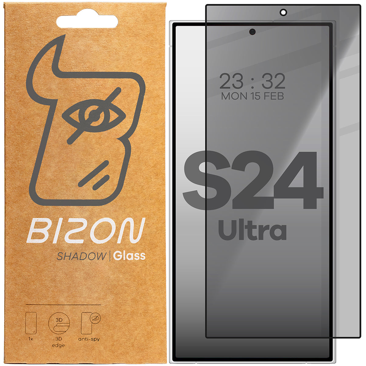 Gehärtetes Glas mit Privatschutzfilter für Galaxy S24 Ultra, Bizon Glass Edge Shadow, getönt mit schwarzer Rahmen