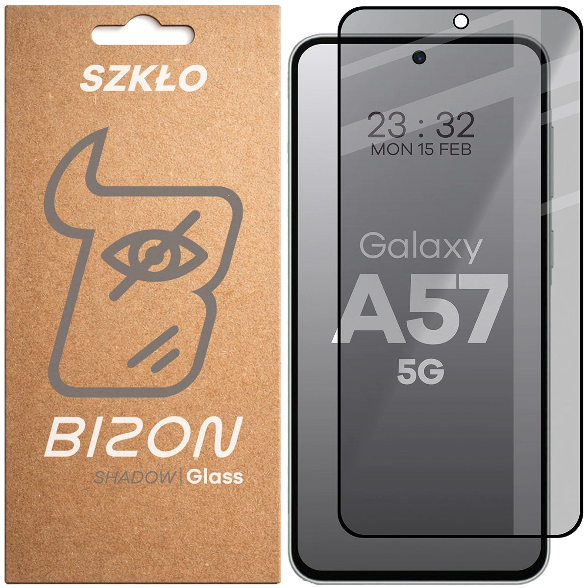 Gehärtetes Glas mit Privatschutzfilter für Galaxy A57 5G, Bizon Glass Edge Shadow, getönt mit schwarzer Rahmen