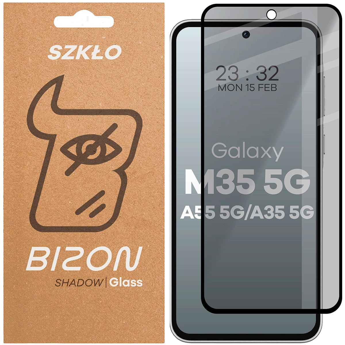 Gehärtetes Glas mit Privatschutzfilter für Galaxy M35 5G / A35 5G / A55 5G, Bizon Glass Edge Shadow, getönt mit schwarzer Rahmen