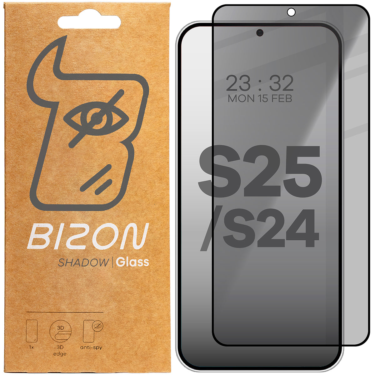 Gehärtetes Glas mit Privatschutzfilter für Galaxy S25 / S24, Bizon Glass Edge Shadow, getönt mit schwarzer Rahmen