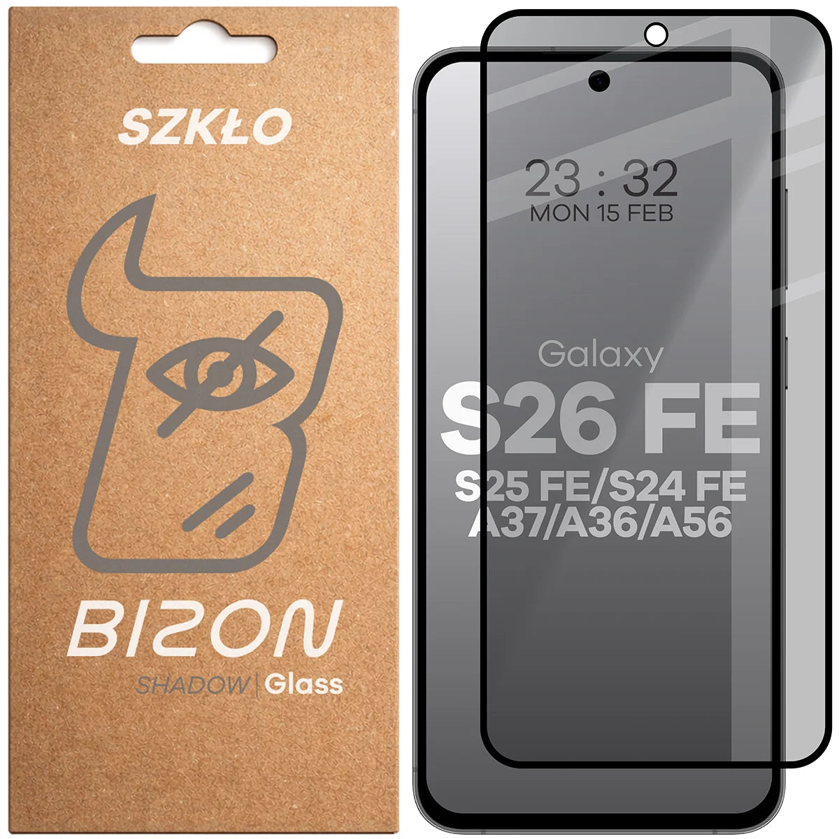 Gehärtetes Glas mit Privatschutzfilter für Galaxy S26 FE / S25 FE / S24 FE / A37 5G / A36 5G / A56 5G, Bizon Glass Edge Shadow, getönt mit schwarzer Rahmen