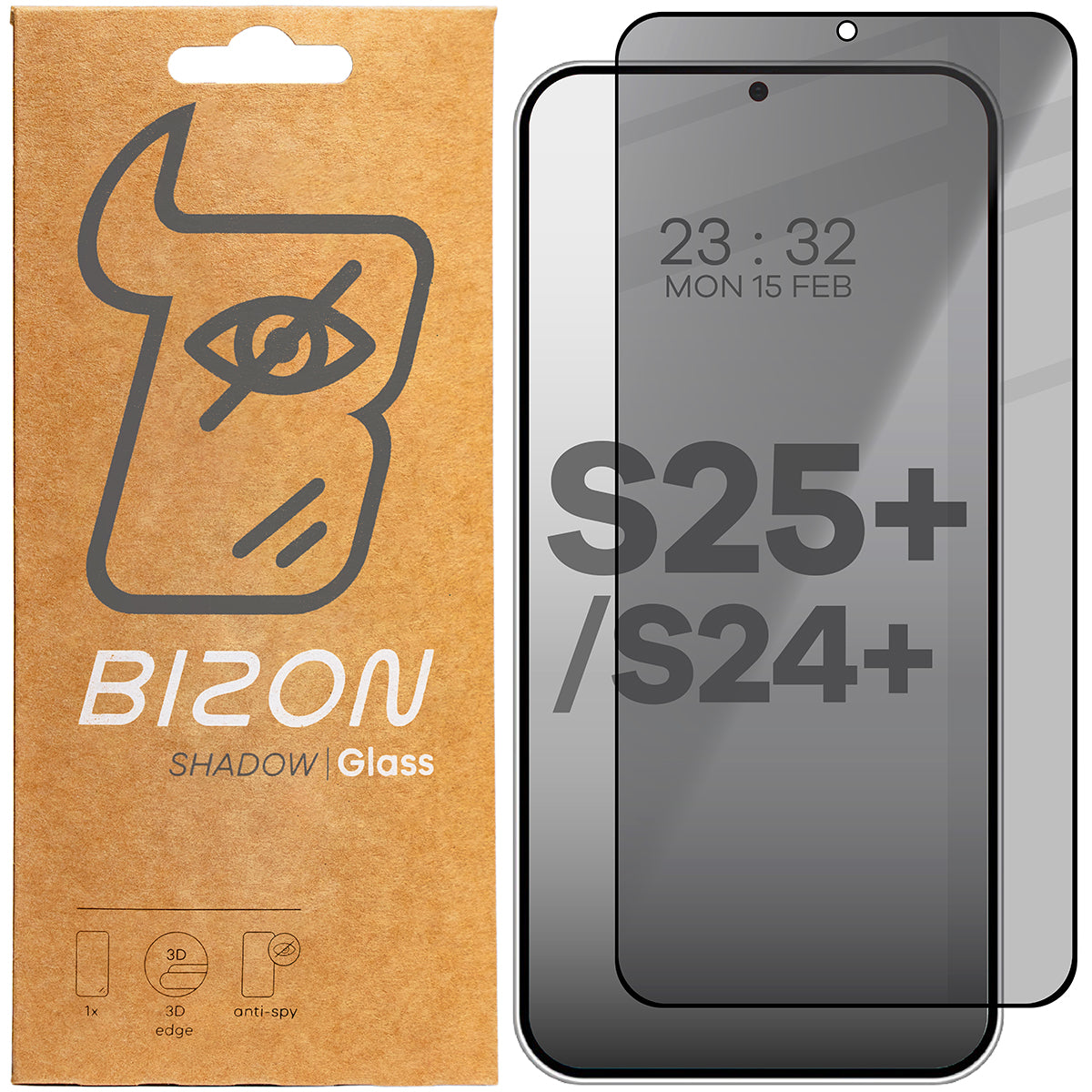 Gehärtetes Glas mit Privatschutzfilter für Galaxy S25 Plus / S24 Plus, Bizon Glass Edge Shadow, getönt mit schwarzer Rahmen