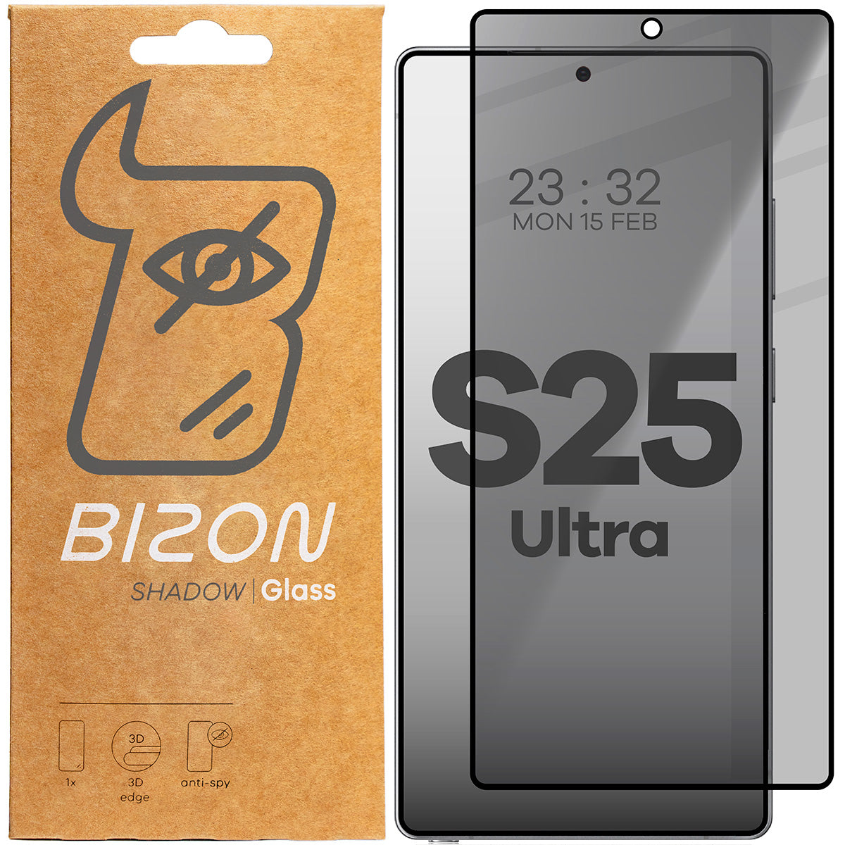 Gehärtetes Glas mit Privatschutzfilter für Galaxy S25 Ultra, Bizon Glass Edge Shadow, getönt mit schwarzer Rahmen