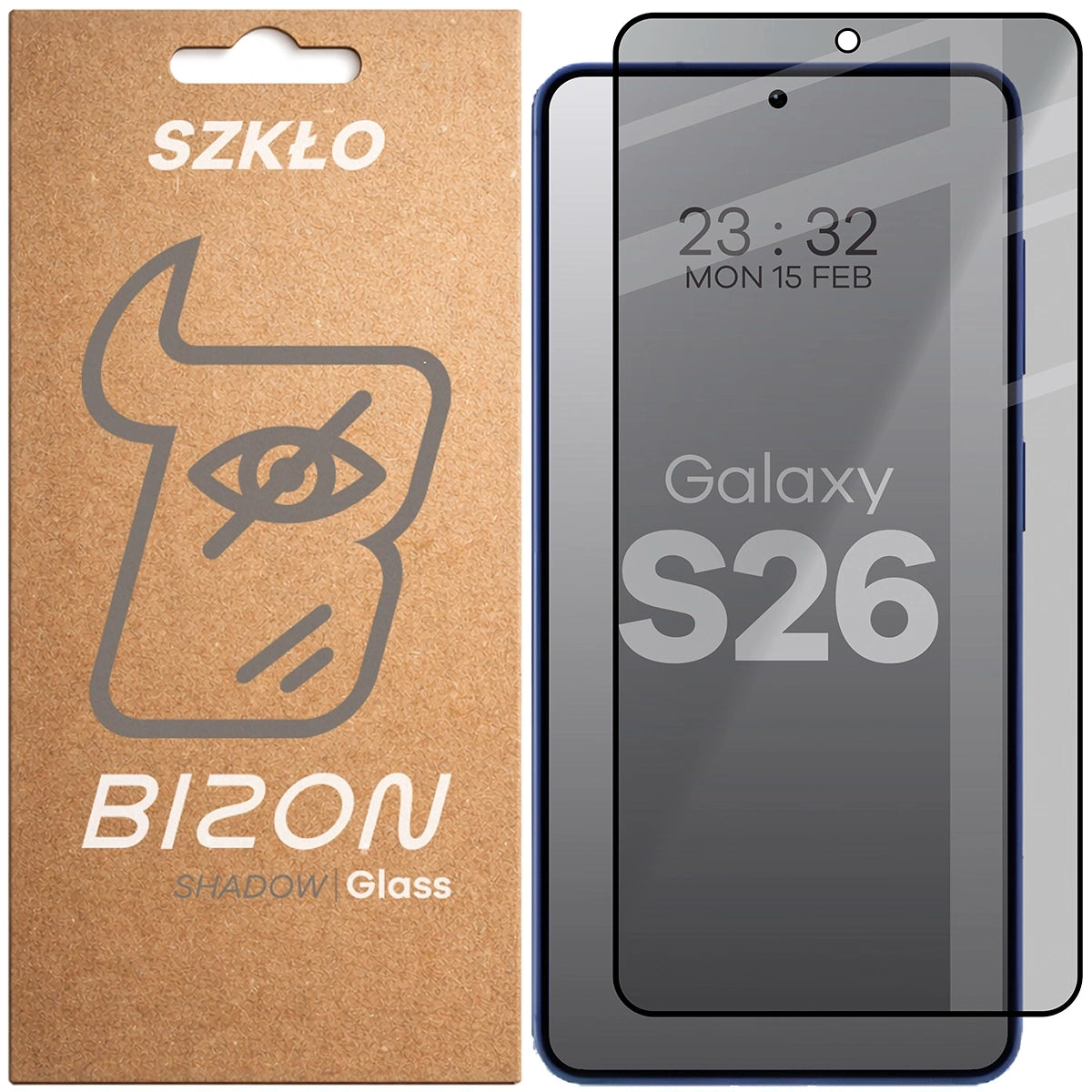 Gehärtetes Glas mit Privatschutzfilter für Galaxy S26, Bizon Glass Edge Shadow, getönt mit schwarzer Rahmen