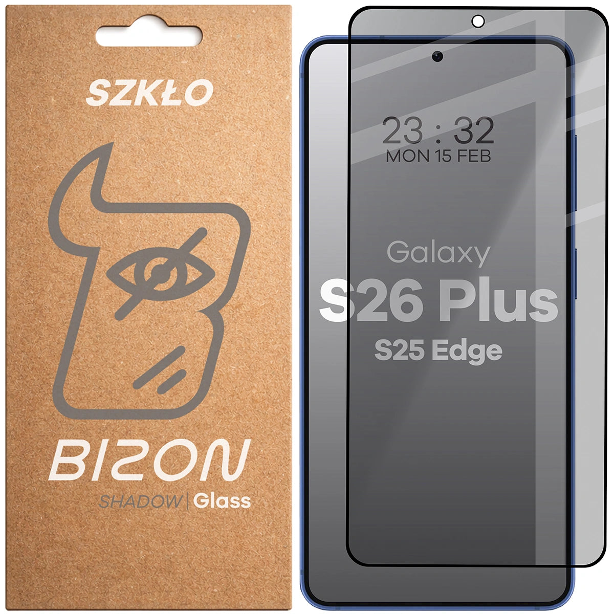 Gehärtetes Glas mit Privatschutzfilter für Galaxy S26 Plus / S25 Edge, Bizon Glass Edge Shadow, getönt mit schwarzer Rahmen