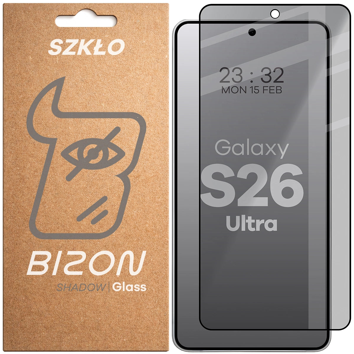Gehärtetes Glas mit Privatschutzfilter für Galaxy S26 Ultra, Bizon Glass Edge Shadow, getönt mit schwarzer Rahmen