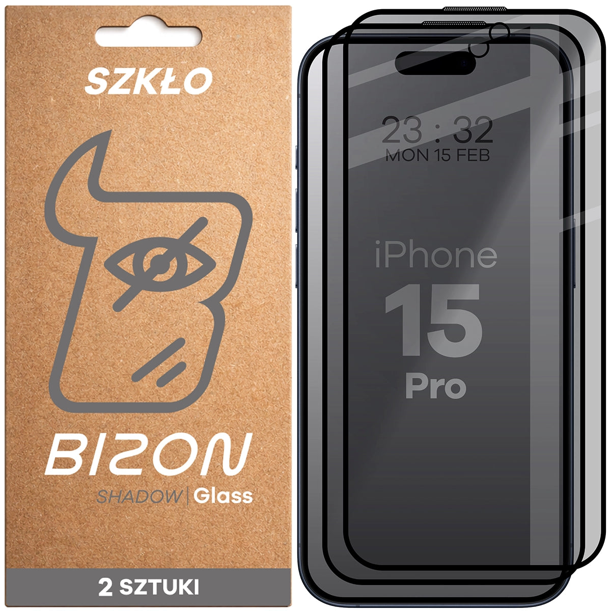 Gehärtetes Glas mit Privatschutzfilter für iPhone 15 Pro, Bizon Glass Edge Shadow Duo, getönt mit schwarzer Rahmen, 2 Stück