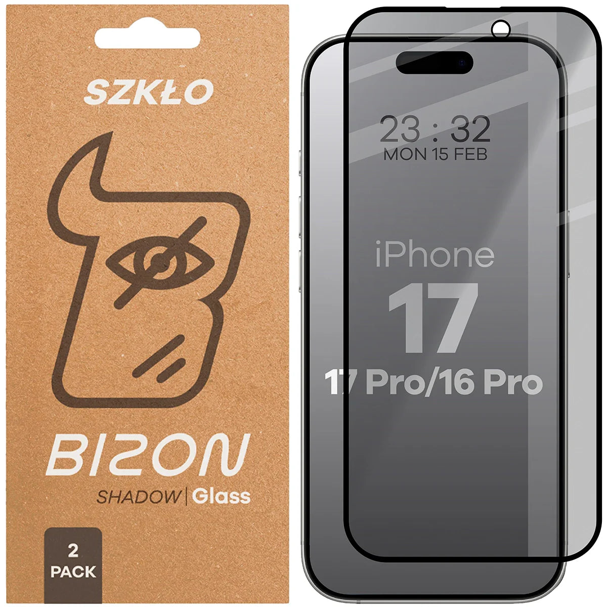 Gehärtetes Glas mit Privatschutzfilter für iPhone 17 / 17 Pro / 16 Pro, Bizon Glass Edge Shadow Duo, getönt mit schwarzer Rahmen, 2 Stück