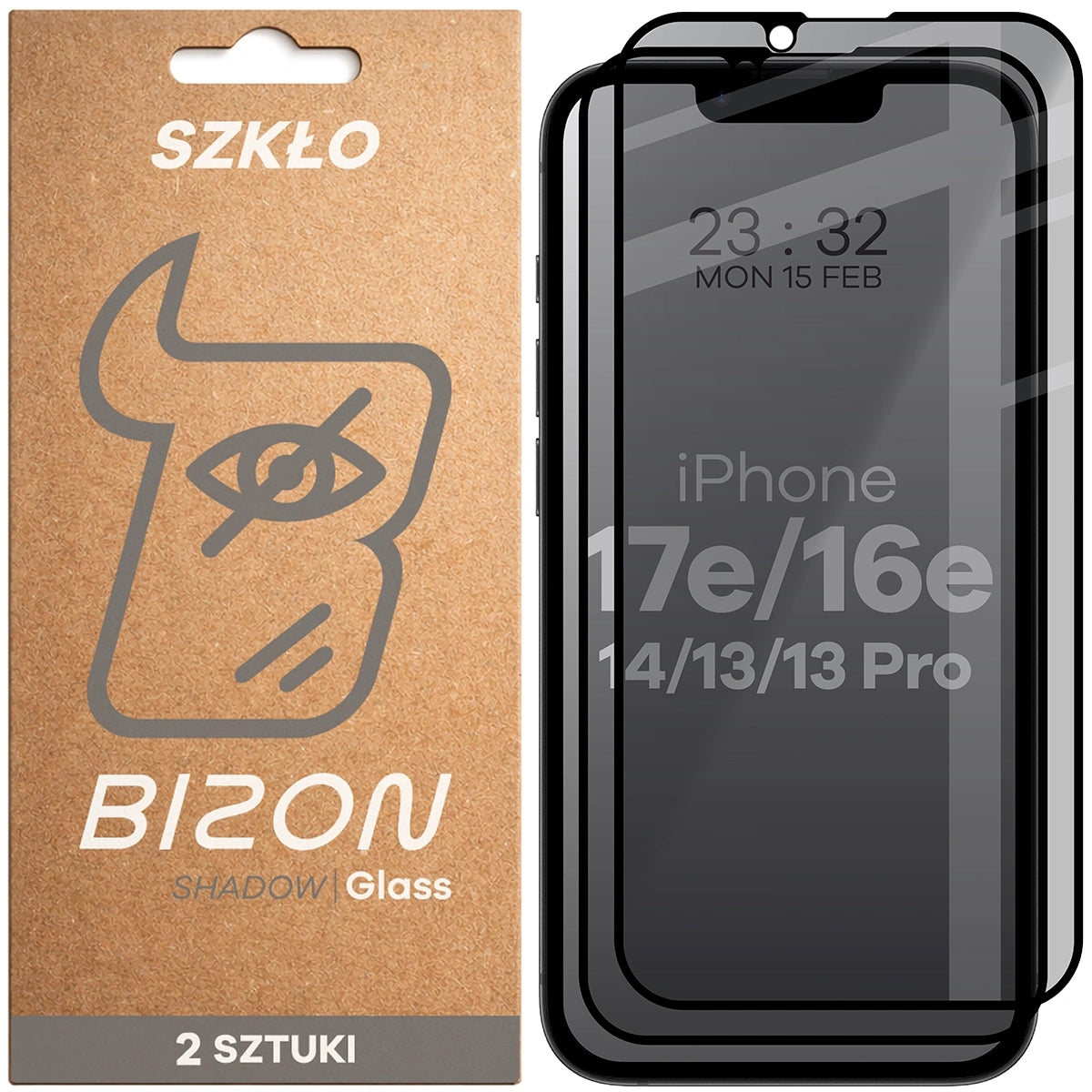 Gehärtetes Glas mit Privatschutzfilter für iPhone 17e / 16e / 14 / 13 Pro / 13, Bizon Glass Edge Shadow Duo, getönt mit schwarzer Rahmen, 2 Stück