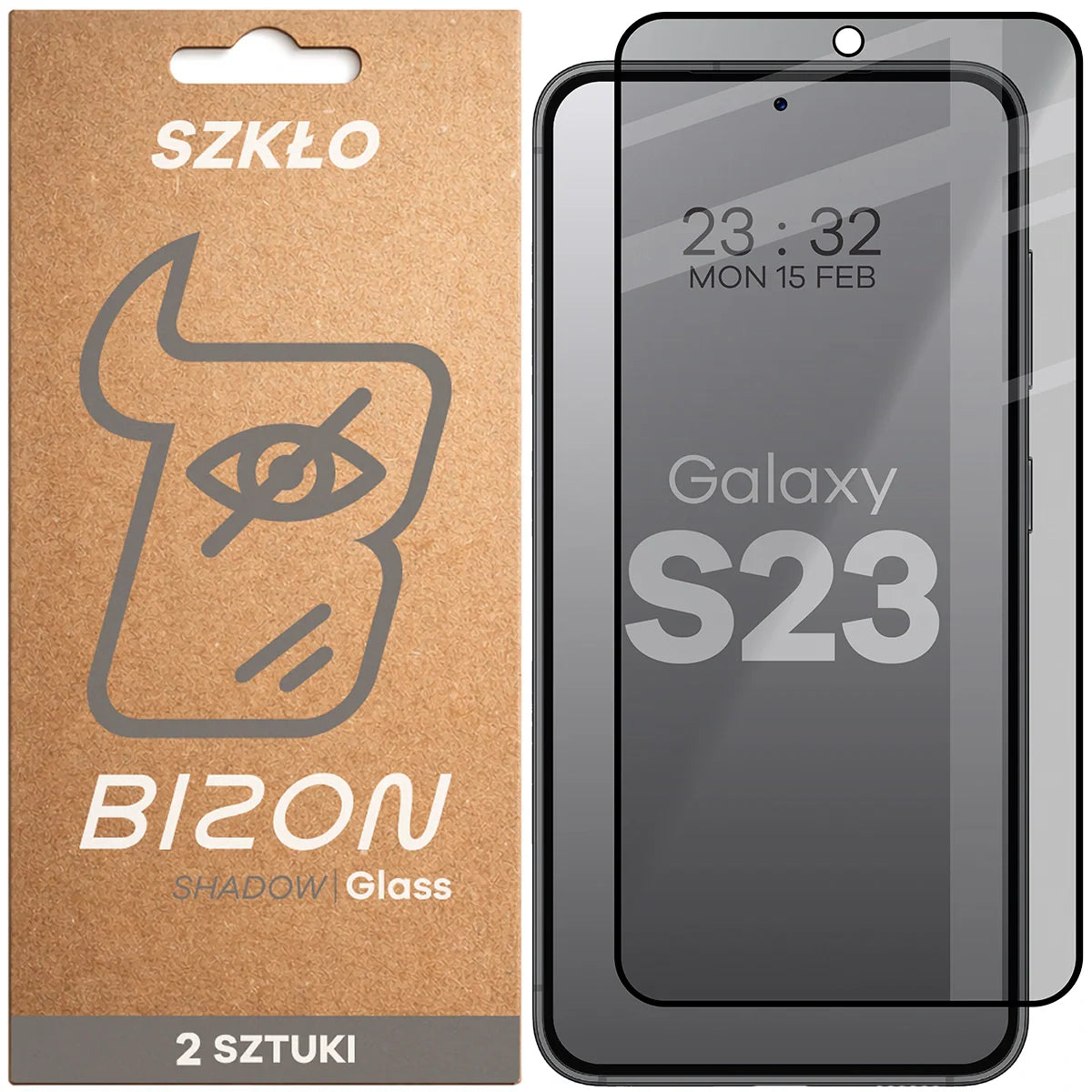 Gehärtetes Glas mit Privatschutzfilter für Galaxy S23, Bizon Glass Edge Shadow Duo, getönt mit schwarzer Rahmen, 2 Stück