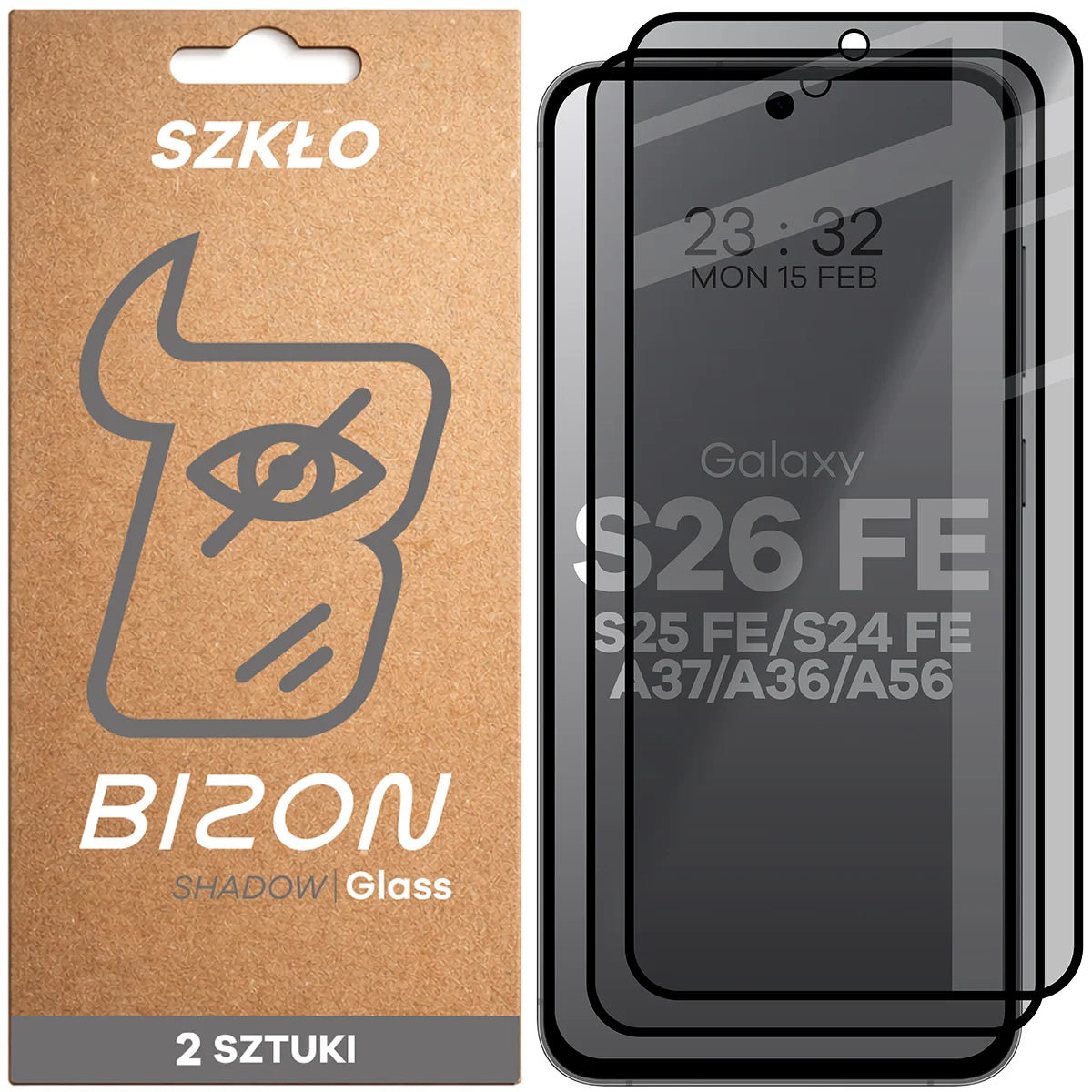 Gehärtetes Glas mit Privatschutzfilter für Galaxy S26 FE / S25 FE / S24 FE / A37 5G / A36 5G / A56 5G, Bizon Glass Edge Shadow Duo, getönt mit schwarzer Rahmen, 2 Stück