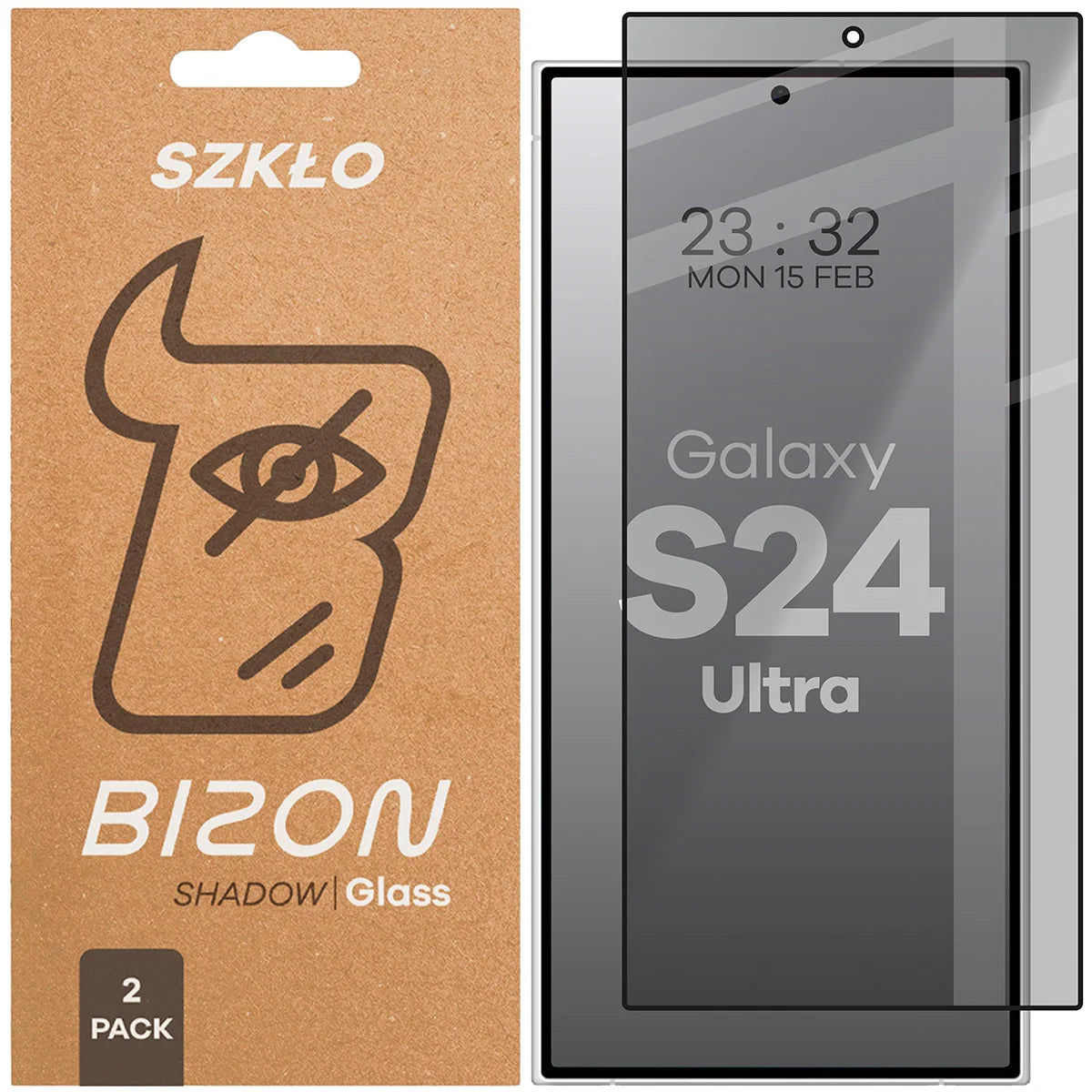 Gehärtetes Glas mit Privatschutzfilter für Galaxy S24 Ultra, Bizon Glass Edge Shadow Duo, getönt mit schwarzer Rahmen, 2 Stück