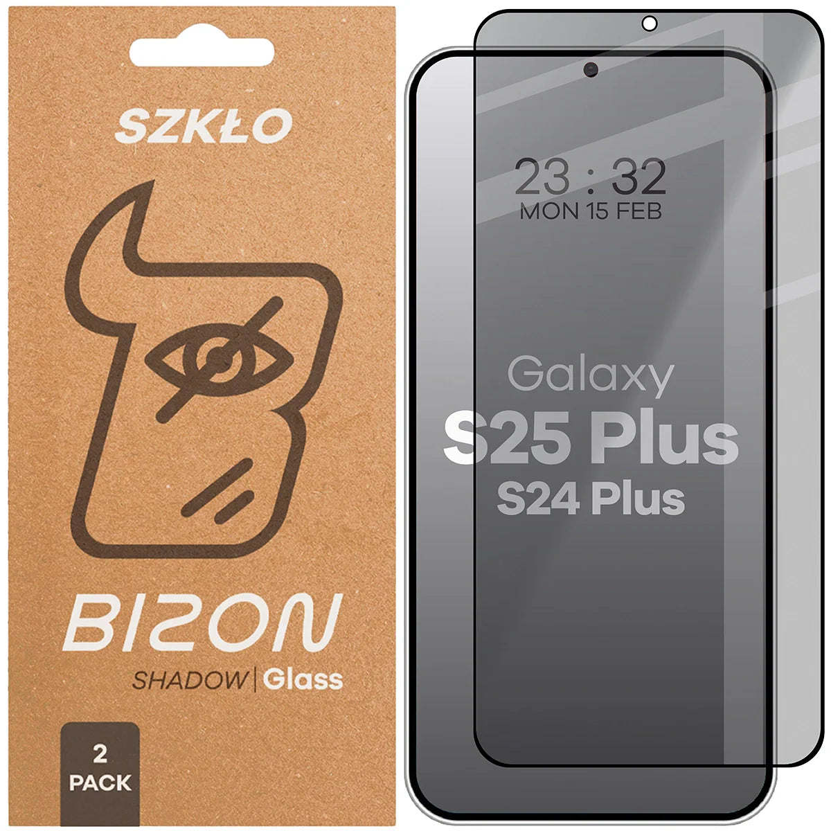 Gehärtetes Glas mit Privatschutzfilter für Galaxy S25 Plus / S24 Plus, Bizon Glass Edge Shadow Duo, getönt mit schwarzer Rahmen, 2 Stück