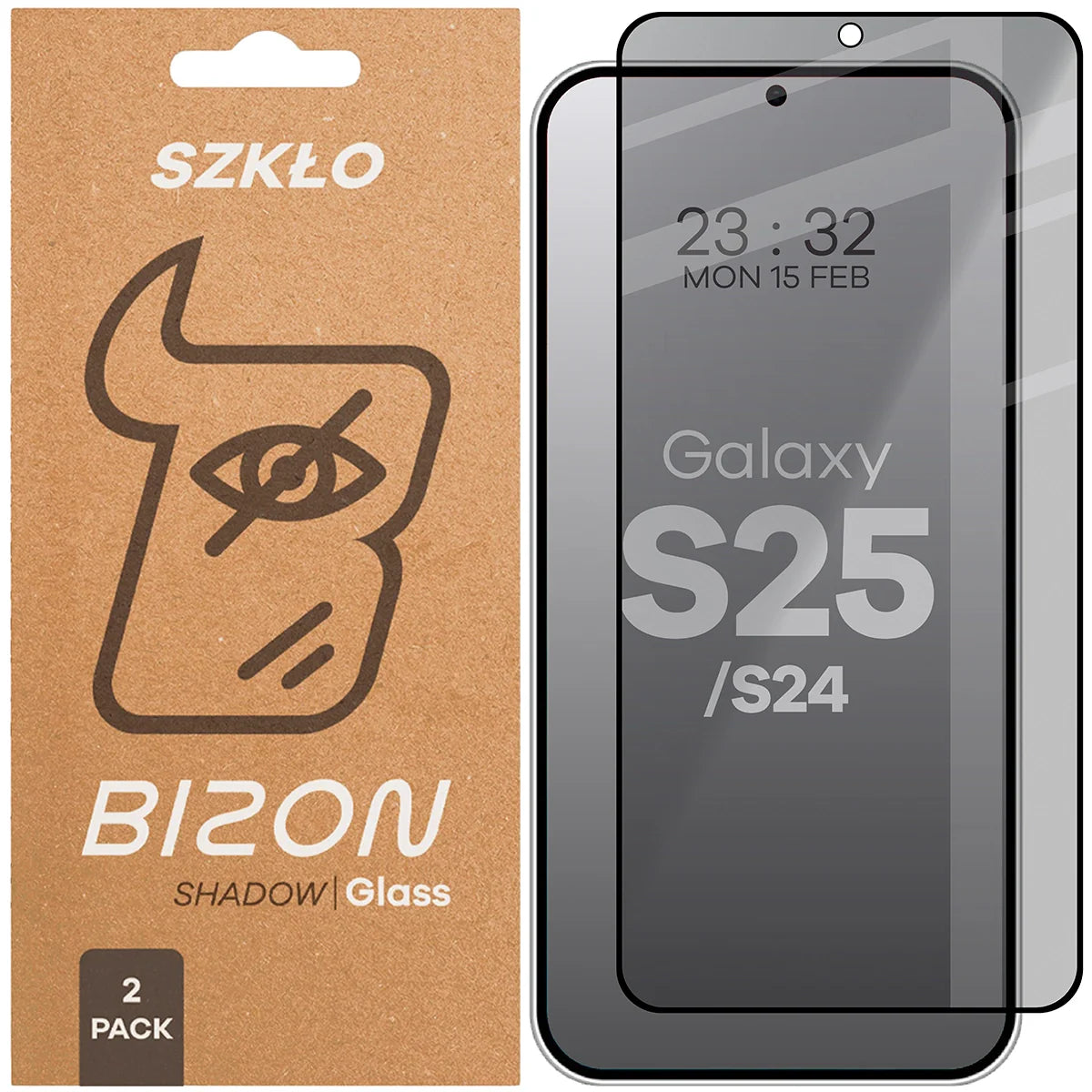 Gehärtetes Glas mit Privatschutzfilter für Galaxy S25 / S24, Bizon Glass Edge Shadow Duo, getönt mit schwarzer Rahmen, 2 Stück