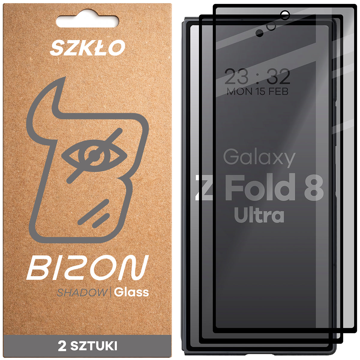 Gehärtetes Glas mit Privatschutzfilter für Galaxy Z Fold8, Bizon Glass Edge Shadow Duo, getönt mit schwarzer Rahmen, 2 Stück (1/4)