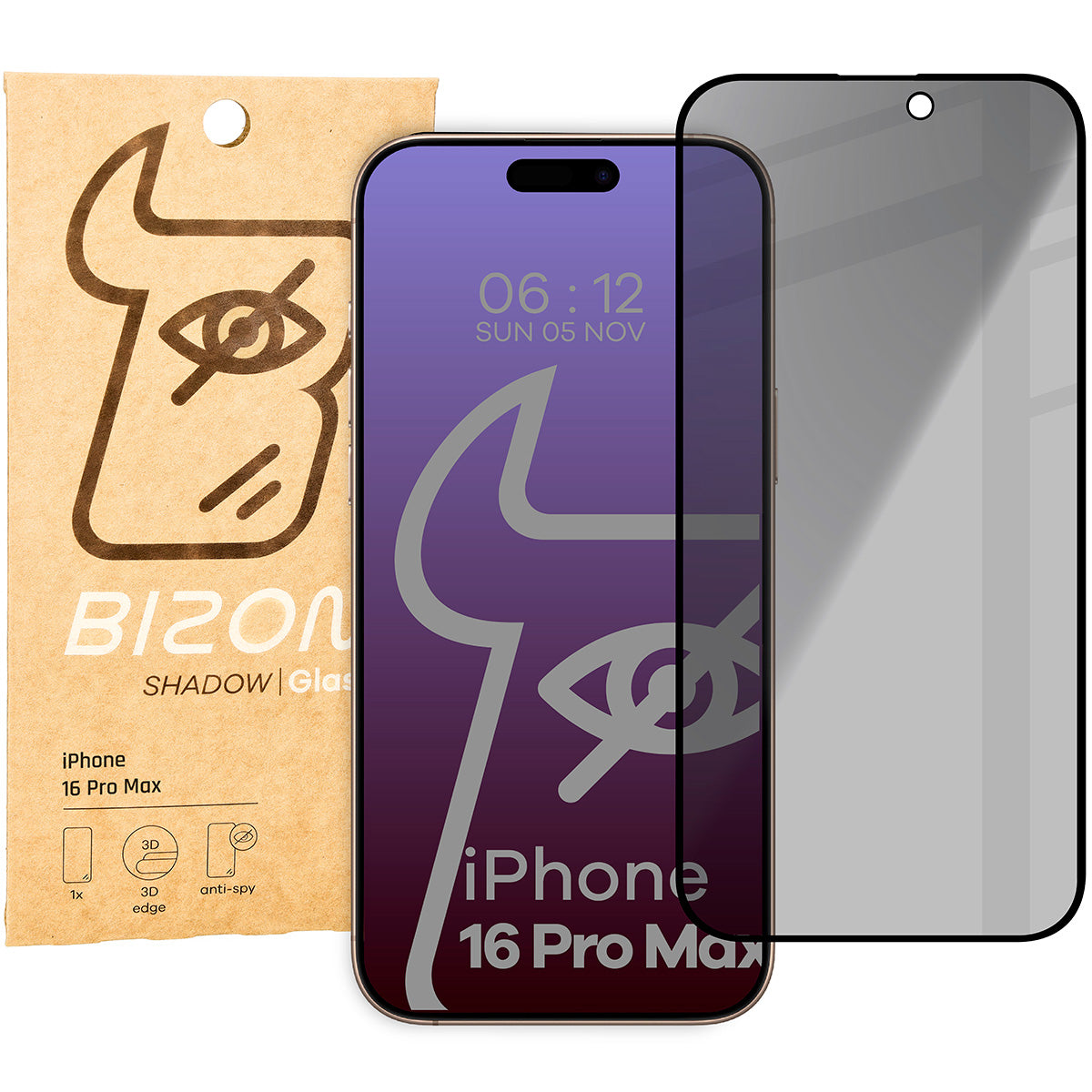 Gehärtetes Glas mit Privatschutzfilter für iPhone 16 Pro Max, Bizon Glass Edge Shadow, getönt mit schwarzer Rahmen