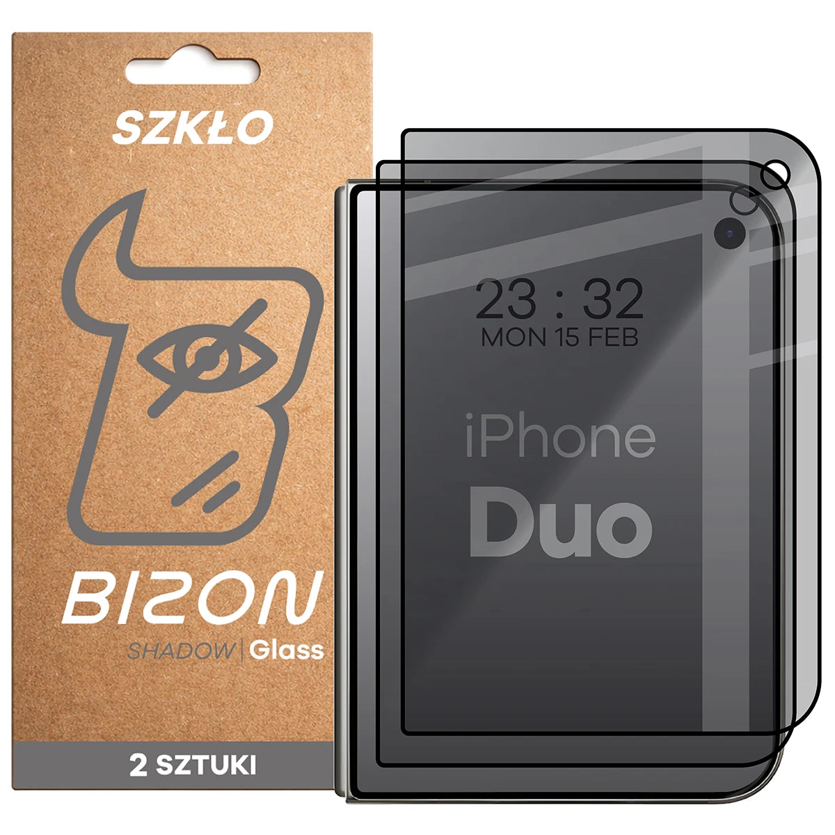 Gehärtetes Glas mit Privatschutzfilter für iPhone Duo, Bizon Glass Edge Shadow Duo, getönt mit schwarzer Rahmen, 2 Stück (1/4)
