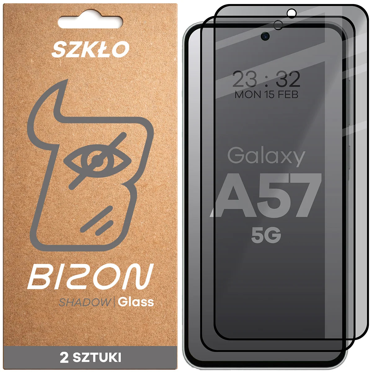 Gehärtetes Glas mit Privatschutzfilter für Galaxy A57 5G, Bizon Glass Edge Shadow Duo, getönt mit schwarzer Rahmen, 2 Stück