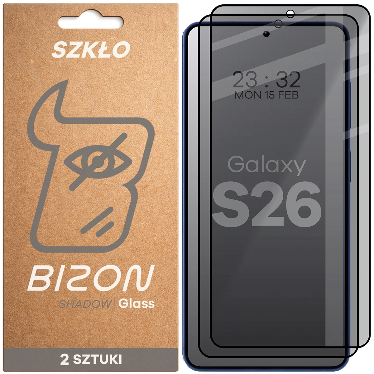 Gehärtetes Glas mit Privatschutzfilter für Galaxy S26, Bizon Glass Edge Shadow Duo, getönt mit schwarzer Rahmen, 2 Stück