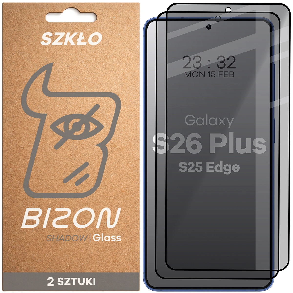 Gehärtetes Glas mit Privatschutzfilter für Galaxy S26 Plus / S25 Edge, Bizon Glass Edge Shadow Duo, getönt mit schwarzer Rahmen, 2 Stück